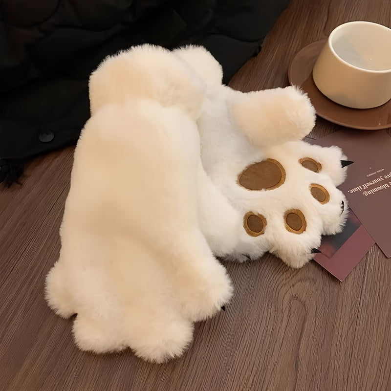 Cozy Cat Paw Plush Mittens - Ultra-Warm, Windproof Thick Fleece Gloves with Cute Animal Design for Cycling, Skiing & Outdoor Activities, White with Brown Accents