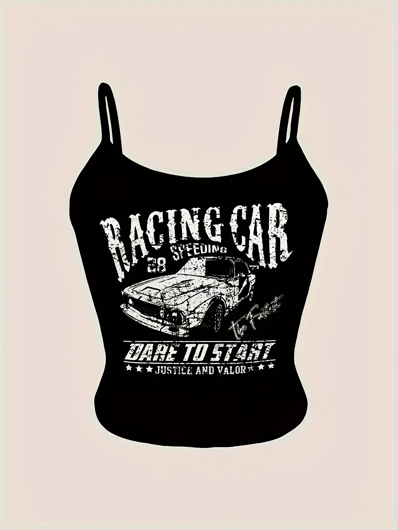 Y2K Style Racing Car Print Crop Top, Sleeveless Spaghetti Strap Tank Top for Women, Summer Letter & Symbol Design, Fashionable & Trendy, No Underwire, Y2K Fashion