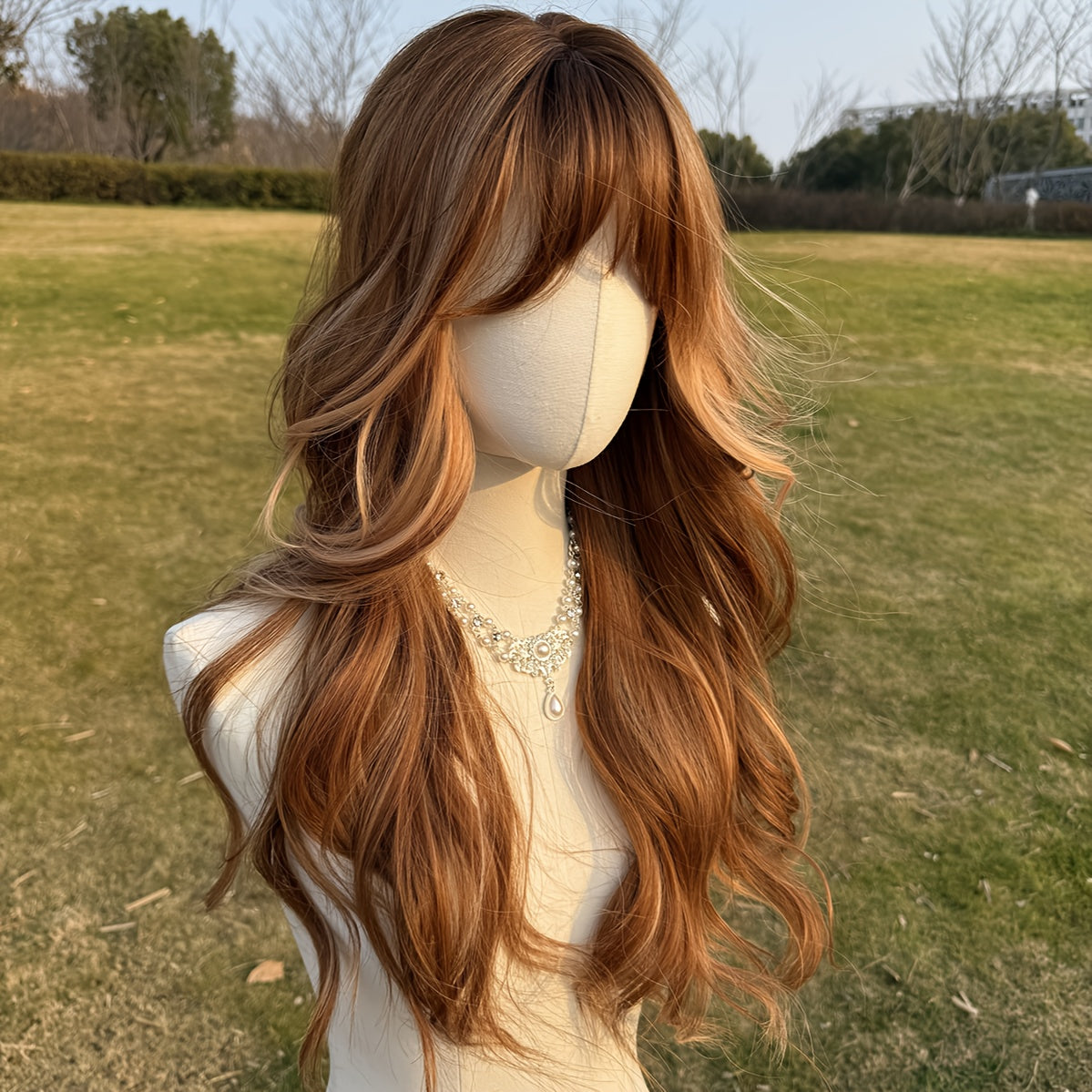 Pick Dyed Long Curly Wavy Wig With Bangs Synthetic Wig Beginners Friendly Heat-resistant Elegant Daily Use Female Wig.