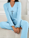 Women's Casual V-Neck Long Sleeve Pajama Set - Light Blue Ribbed Lounge Outfit with Print Cross Detail, Machine Washable, Ladies Pajama Sets