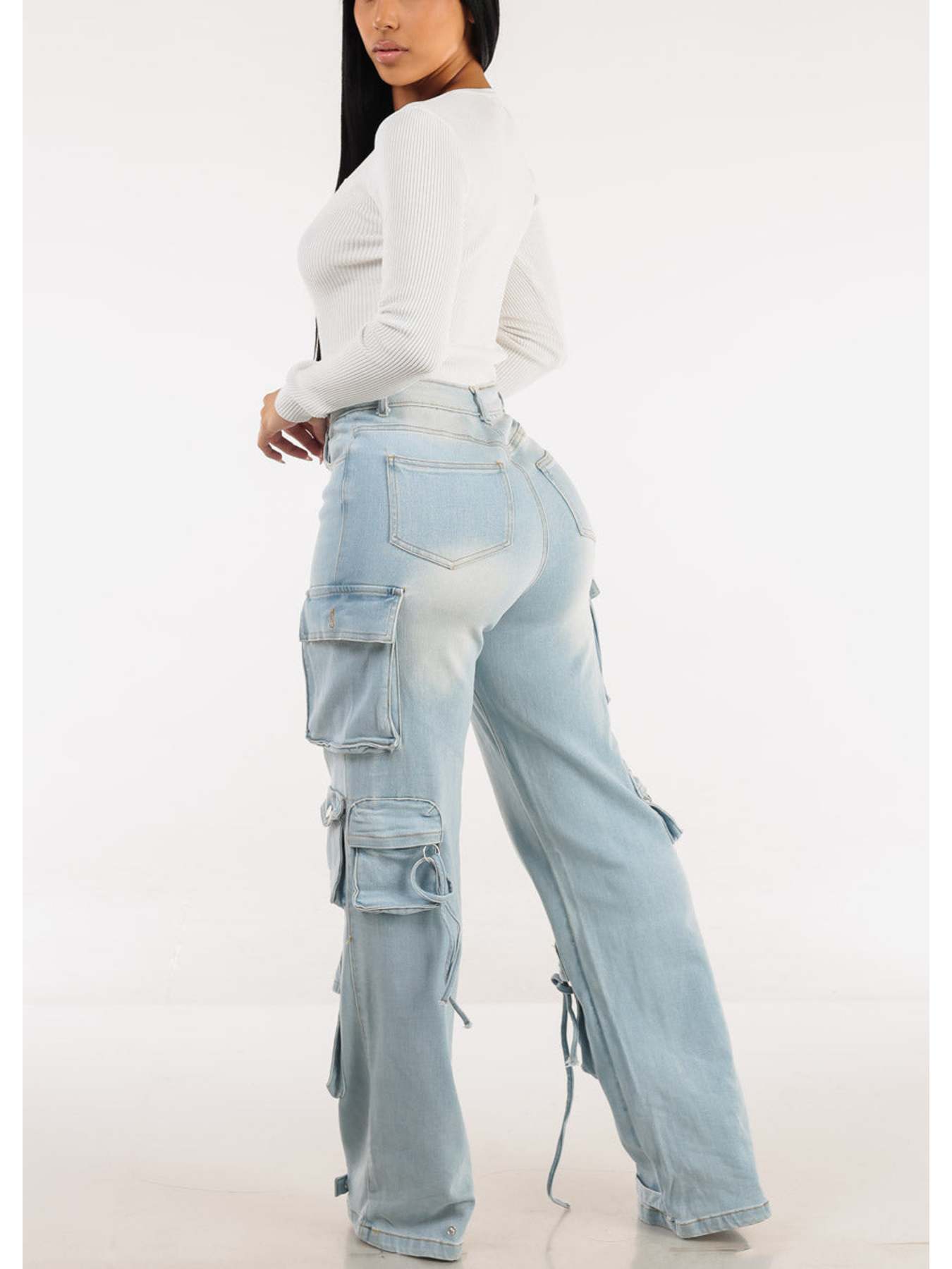 Ultra High Waist Stretch Utility Wide Leg Jeans Light Wash