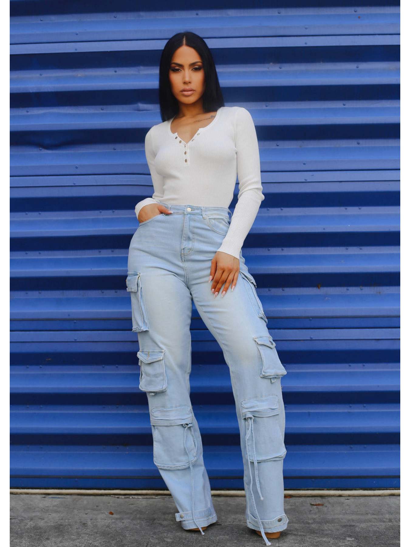 Ultra High Waist Stretch Utility Wide Leg Jeans Light Wash