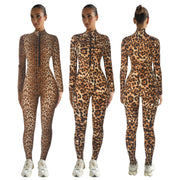 Women’s Leopard Print One-Piece Workout Jumpsuit – Mock Neck, Long Sleeve, Zip-Up Romper for Sexy Night Out, Club, or Party Outfit