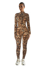 Women’s Leopard Print One-Piece Workout Jumpsuit – Mock Neck, Long Sleeve, Zip-Up Romper for Sexy Night Out, Club, or Party Outfit