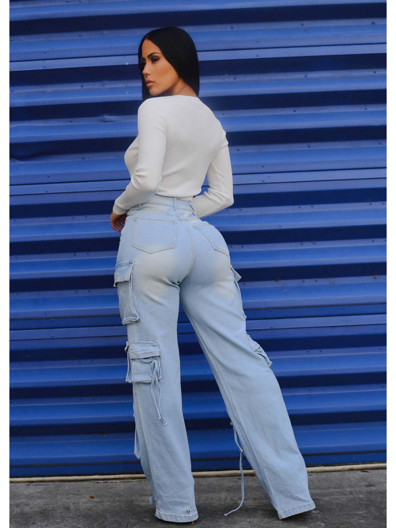 Ultra High Waist Stretch Utility Wide Leg Jeans Light Wash
