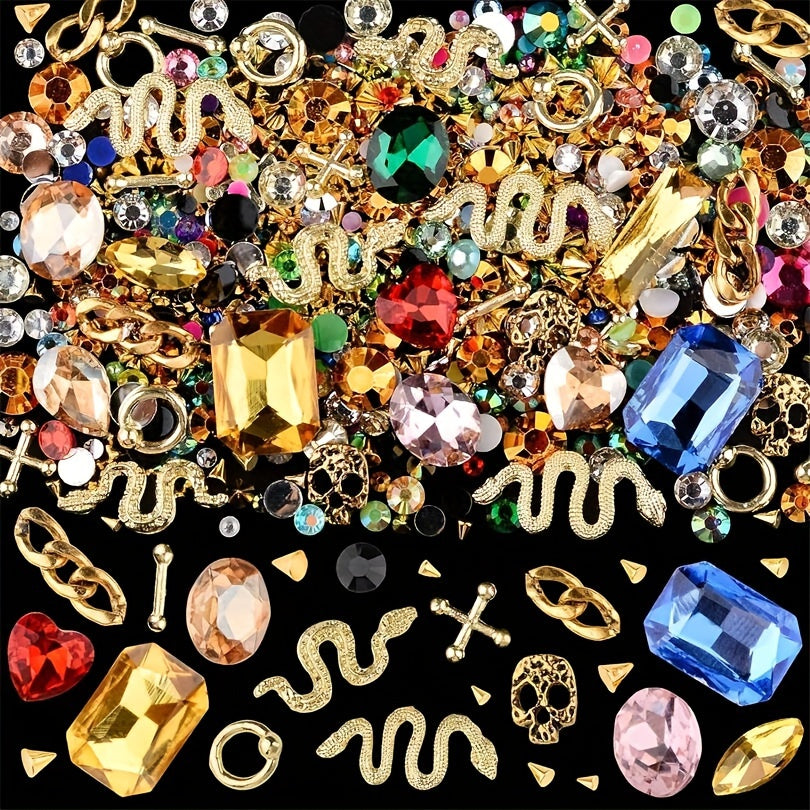 300 Pieces Of Y2K Black Golden Silvery Punk Cone Rivet 3D Golden Skull Cross Chain Snake Pattern Retro Alloy Golden Nail Pendant Glass Pointed Bottom Gem Resin Water Drill Female Girl Golden Nail DIY Nail Art Decoration Set