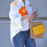 Women's Casual Floral Print Knot Collar Blouse - Long Sleeve, Button-Up Shirt with Vibrant Orange & Green Design, Machine Washable, Perfect for Casual Attire, Ladies Blouses