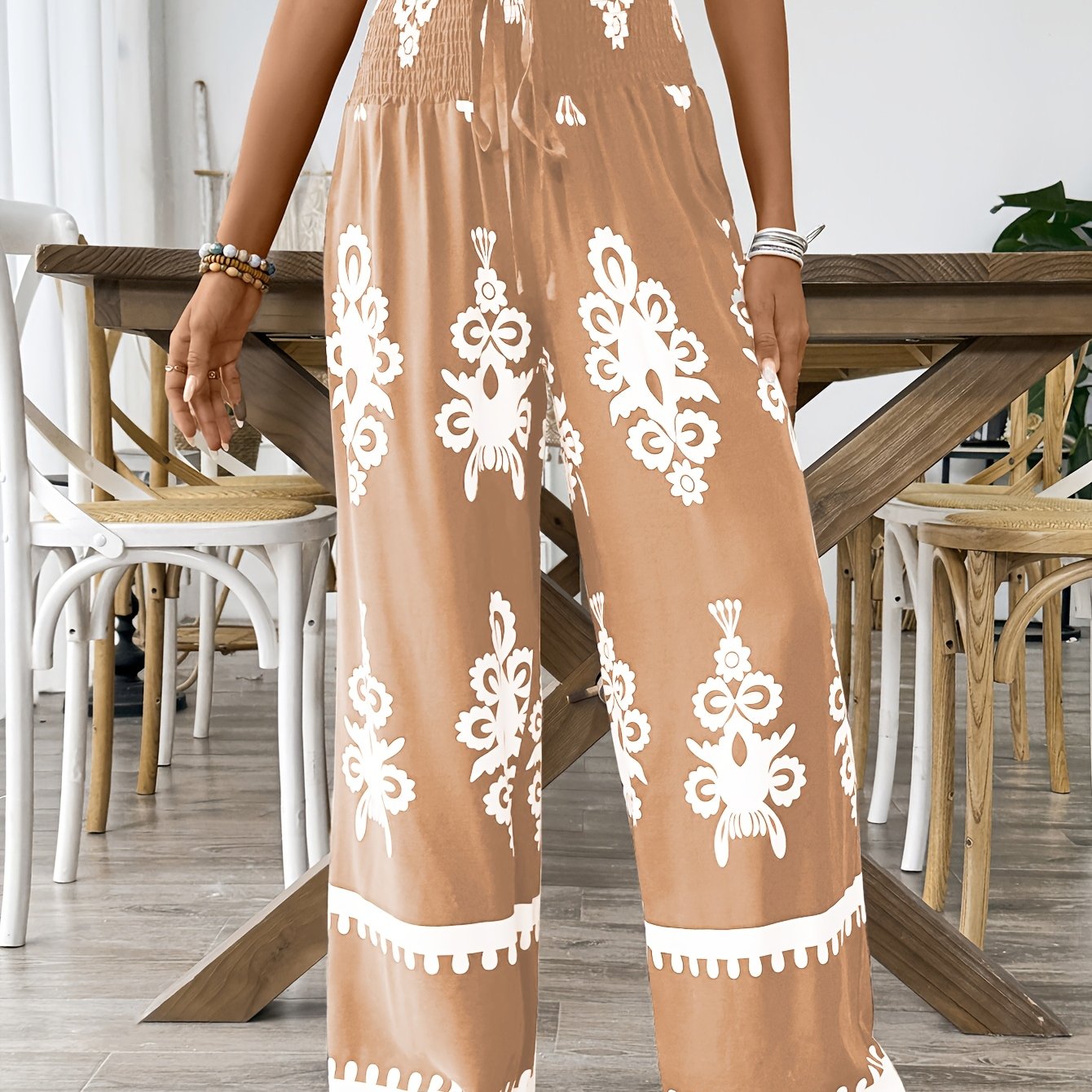 Women's Navy & White Floral Print Wide-Leg Pants with Elastic Waist Drawstring & Smocking Detail - Machine Washable All-Season Elegant Casual Trousers for Women, Comfortable Fashion, Smooth Texture Fabric