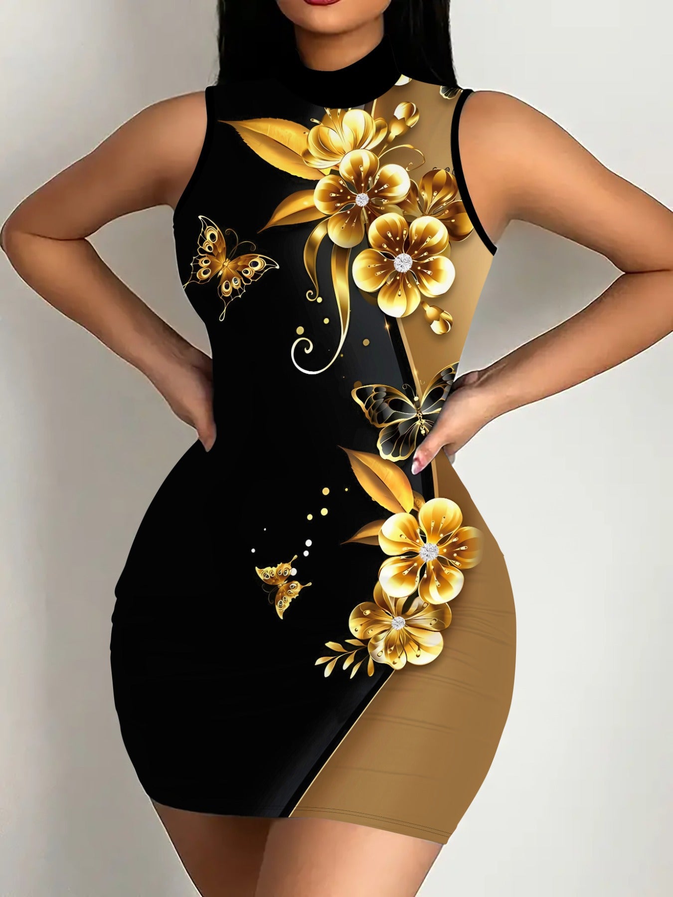 Stylish Women's Sleeveless Bodycon Dress with 3D Golden Rose & Butterfly Print, High Neckline, Stretchy Polyester & Spandex Blend, Machine Washable - Perfect for Spring & Summer