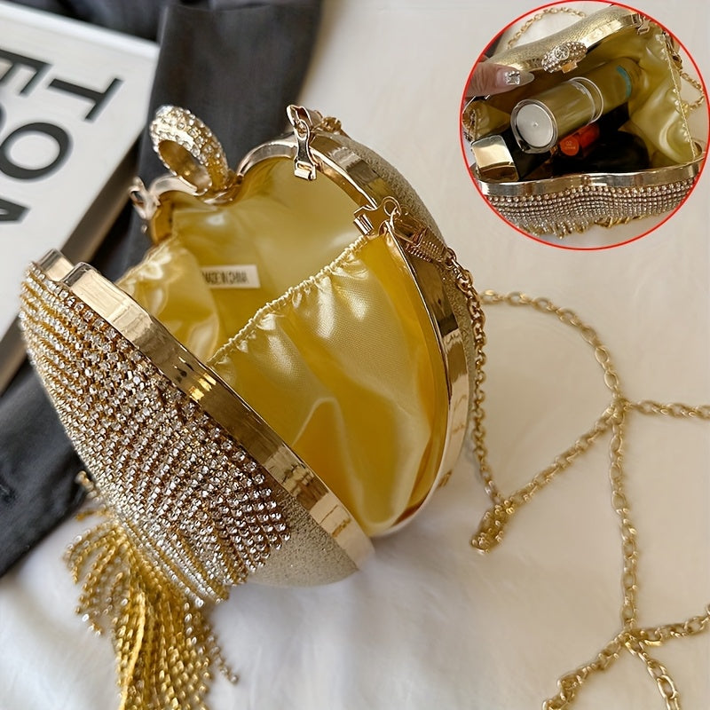 Elegant Heart-Shaped Rhinestone Evening Clutch with Tassel, Lightweight Acrylic Party Handbag with Removable Strap, Buckle Closure, Rayon Lined, No Pattern Design for Valentine'S Day