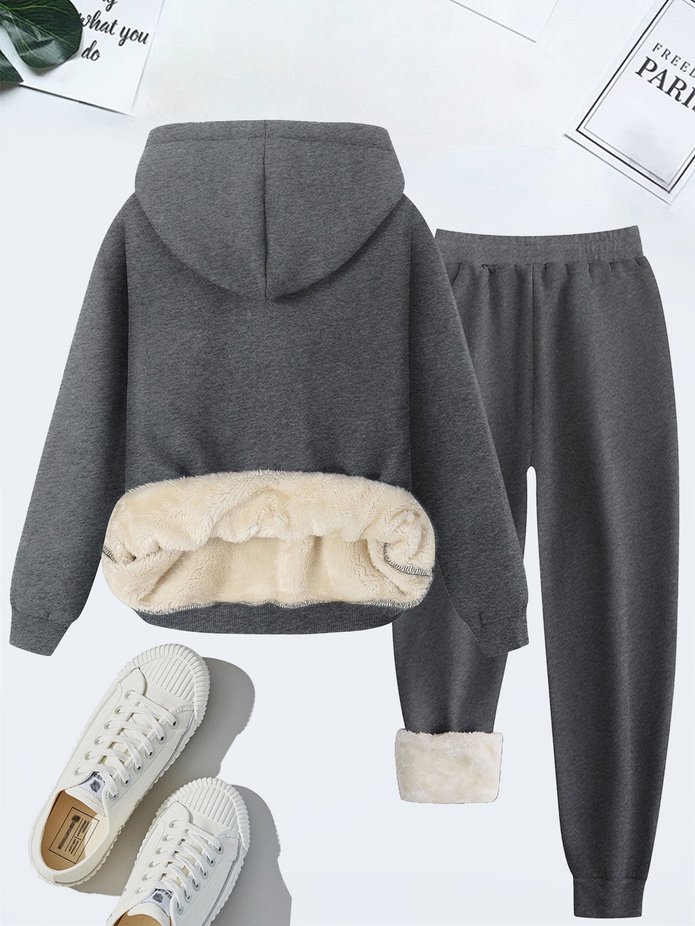 Cozy Plush Letter Print Hoodie & Pants Set for Women - Casual Knitwear, Machine Washable, Perfect for Fall/Winter