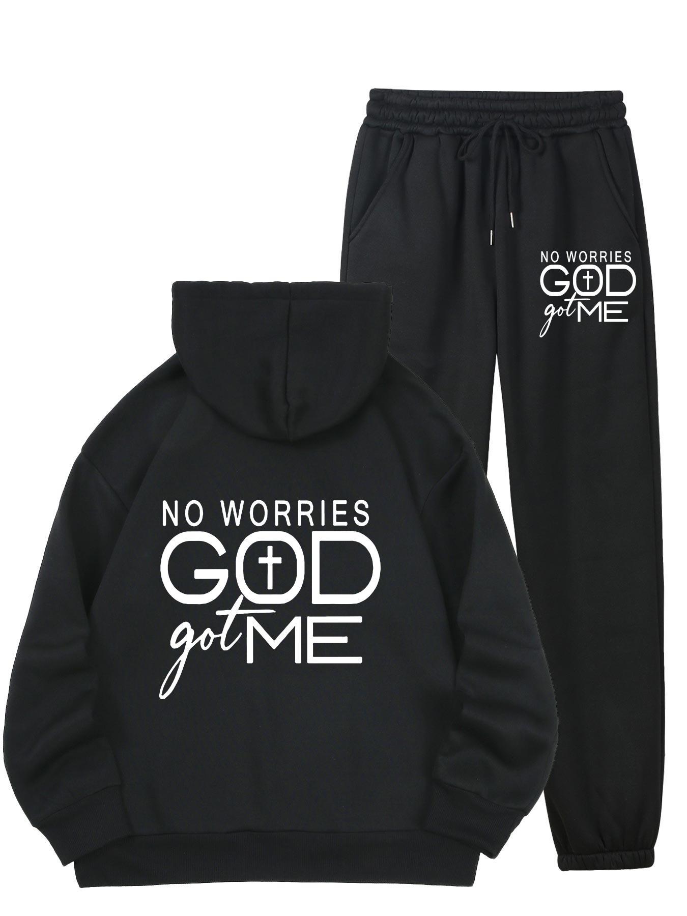No Worries GOD Got Me Printed Women's Casual Sports Set, Sports Kangaroo Pocket Hoodie Set, Women's 2pcs Warm Set