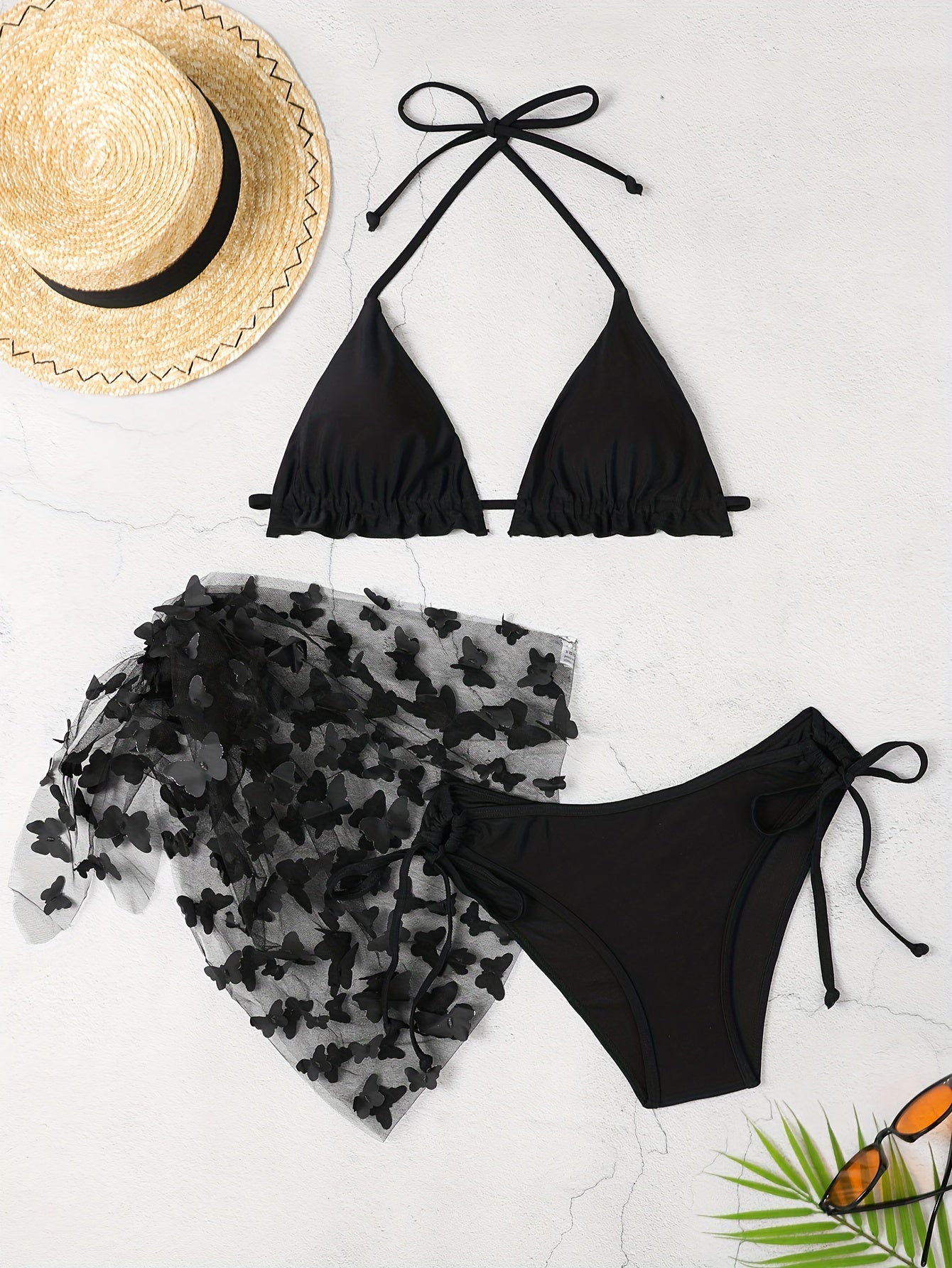 Solid Color Butterfly Applique 3 Piece Set Swimsuits, Triangle Halter Tie Strap Lettuce Trim Bikini, Women's Swimwear & Clothing