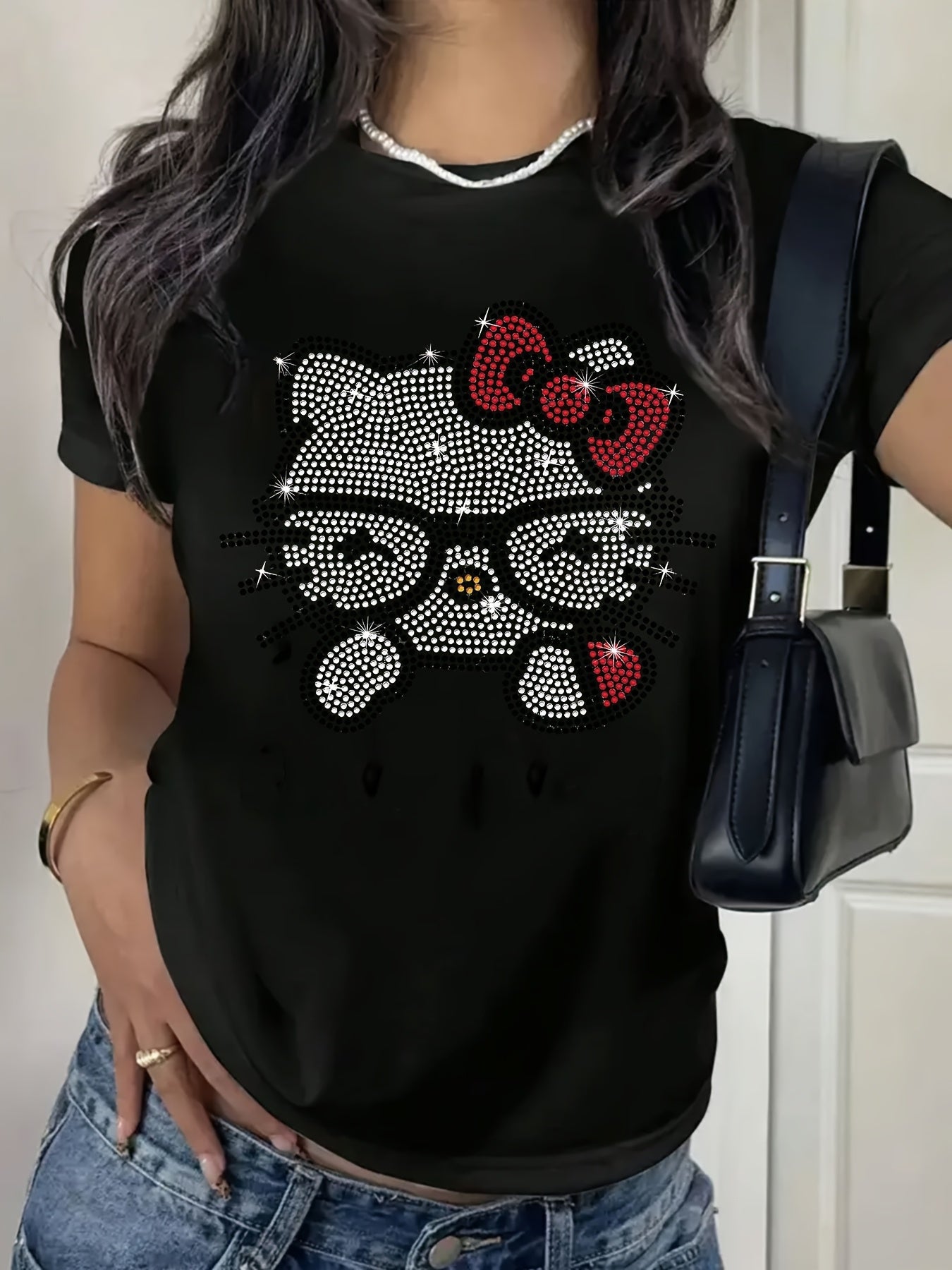Women's 100% Cotton Sanrio Hello Kitty Rhinestone Graphic T-Shirt – Cute Cartoon Tee with Sparkling Diamond Design, Breathable & Machine Washable, Black Short Sleeve Crew Neck for Spring/Summer Fashion Gifts, Hello Kitty Sh