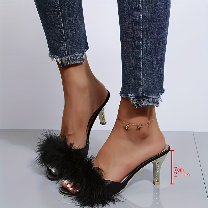 Women's Fluffy Feather High Heels, Fashion Peep Toe Slip On Stiletto Sandals, Elegant Banquet Dress Shoes
