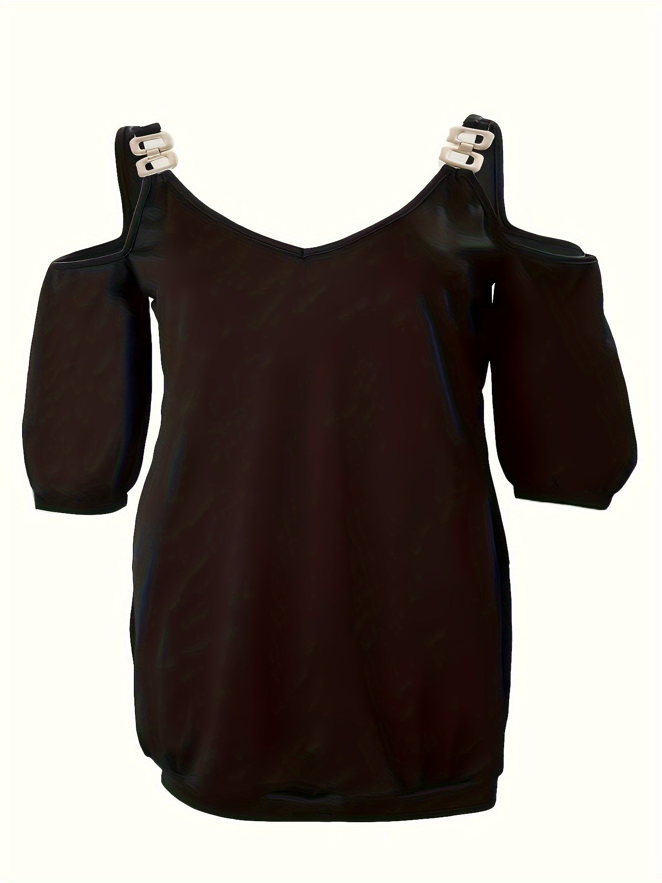 Plus Size Women's Casual Cold Shoulder Dress - V-Neck with Metal Chain Detail, Teal Blue, Sleeve, Relaxed Fit for Summer, Nontransparent Fabric
