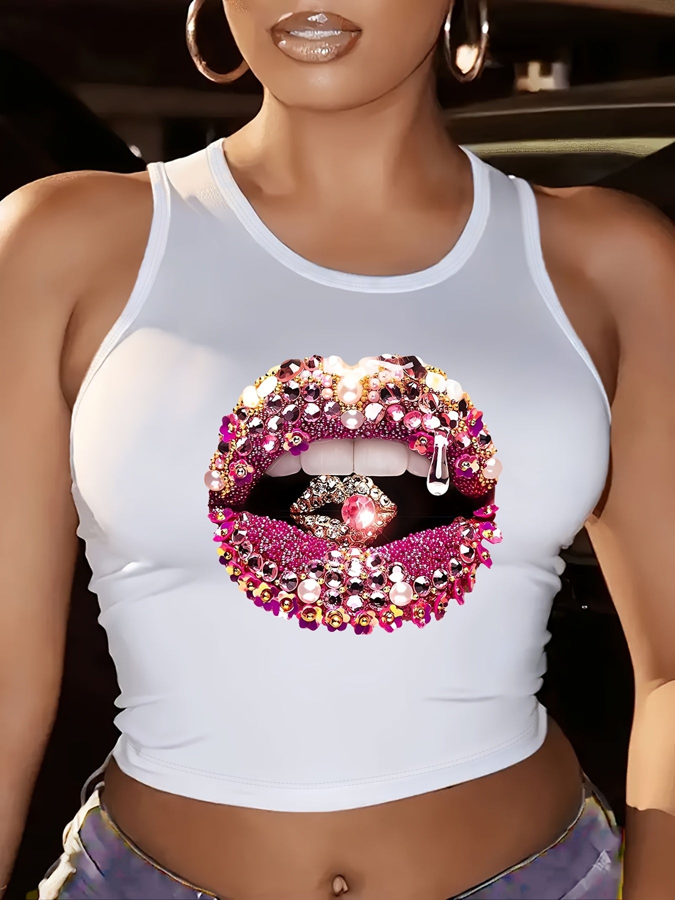 Glamorous Lip Print Tank Top with Rhinestones & Sequins - Sleeveless, Round Neck, Casual Fashion for Women, Spring/Summer Collection, Rhinestone Embellishments, Vibrant Colors, Blingy Style, Ladies Tank Tops