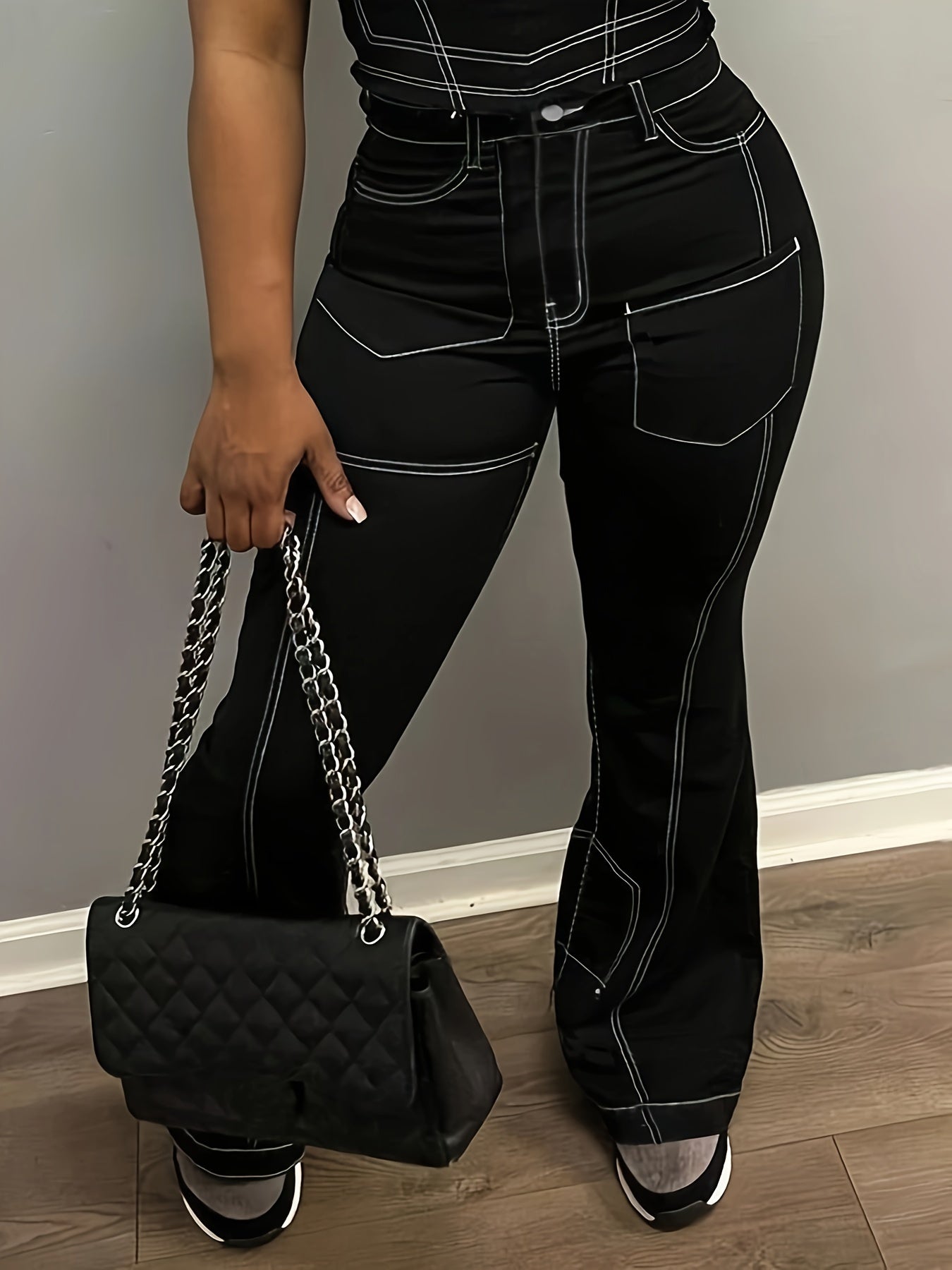 Women'S High-Waist Slimming Cargo Pants with Fashionable Chest Line Detail - Black, Casual Style for All Seasons
