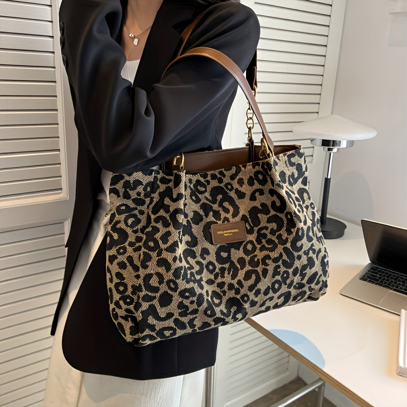 Chic Leopard Print Canvas Tote Bag for Women - Casual Shoulder Handbag with Dual Handles, Perfect for Daily Commute & Fashion Outings