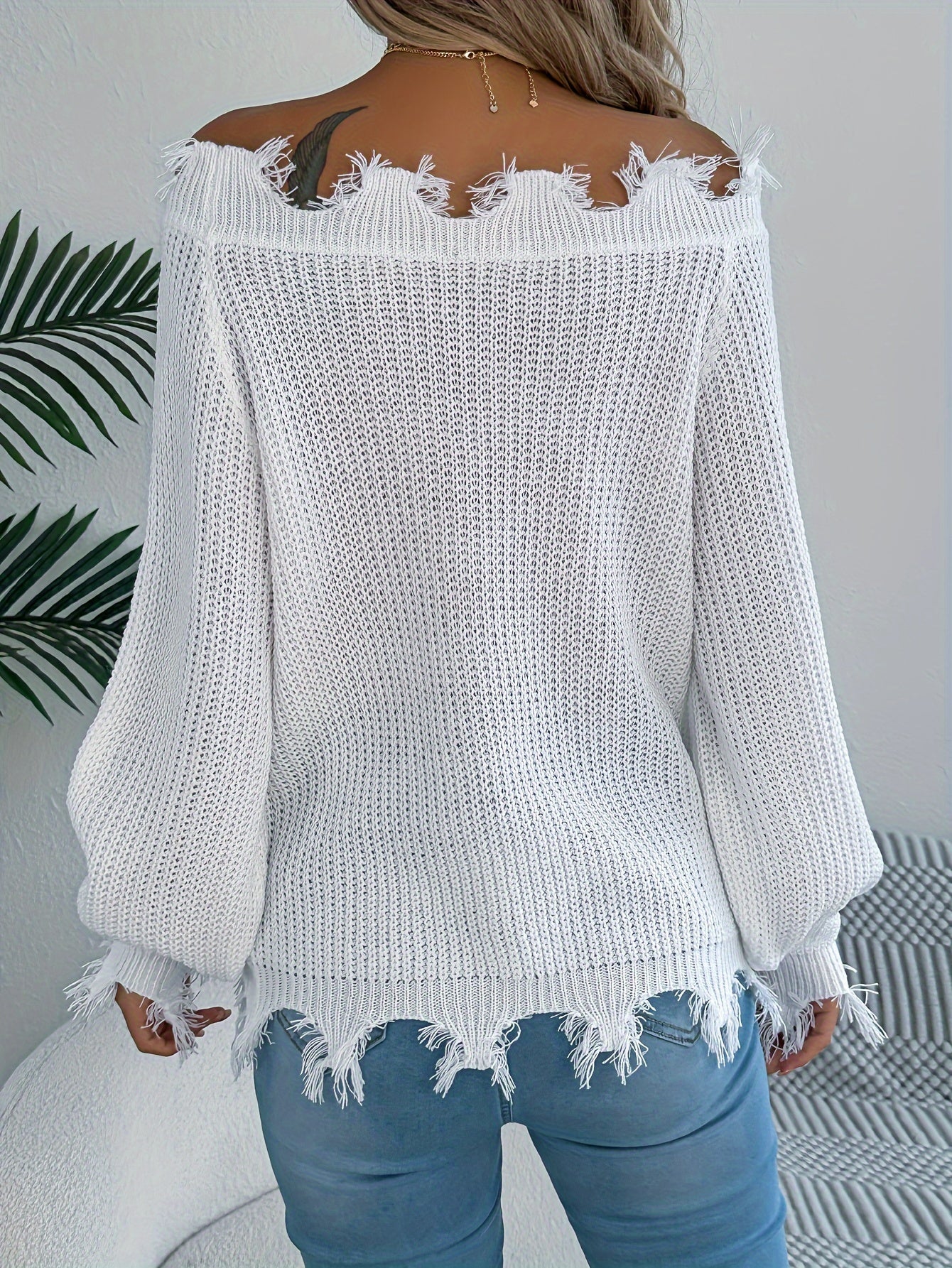Raw Trim Off-shoulder Ripped Sweater - Stylish Long Sleeve Sweater For Spring & Fall - Women's Clothing -  Soft & Cozy Fabric - Perfect Gift for Fashionable Women