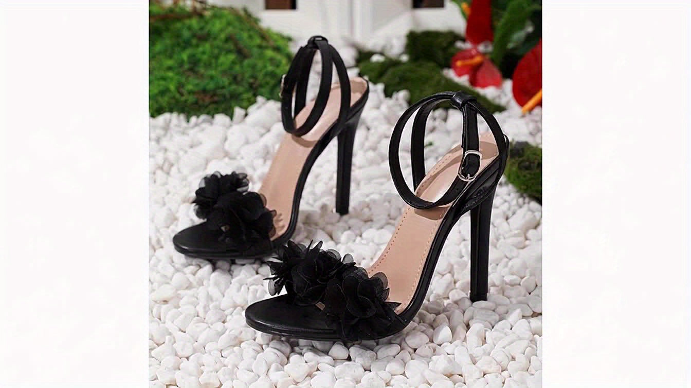 [Frenchinspired] Elegant Women's Floral High Heel Sandals, Open Toe Strappy Back Buckle Closure Stiletto Heels with Faux Cover Upper and Rubber Sole