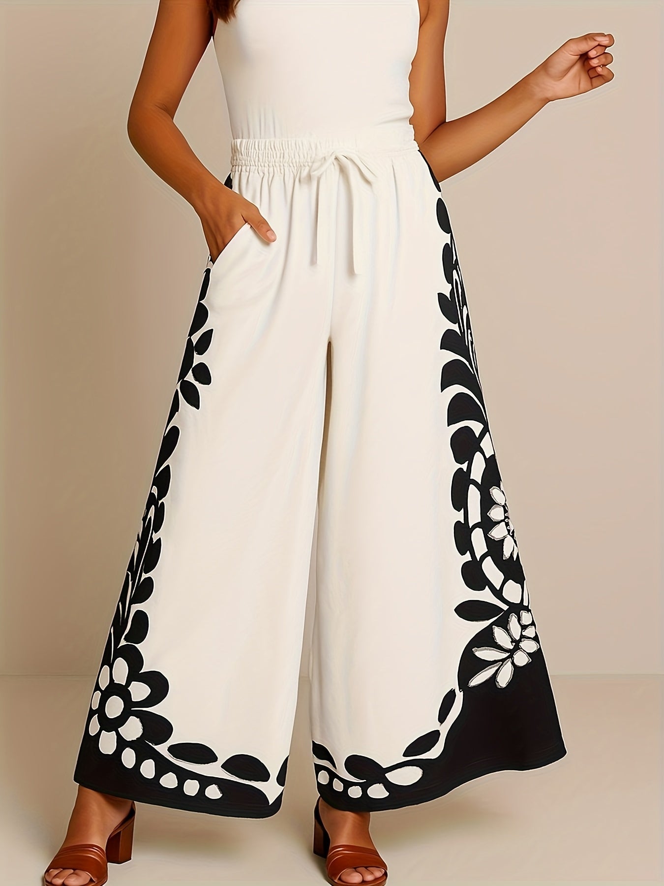 Women'S Skirt Pants Wide Leg Pants Elastic Waist Casual Wide Leg Pants With Pockets Trousers
