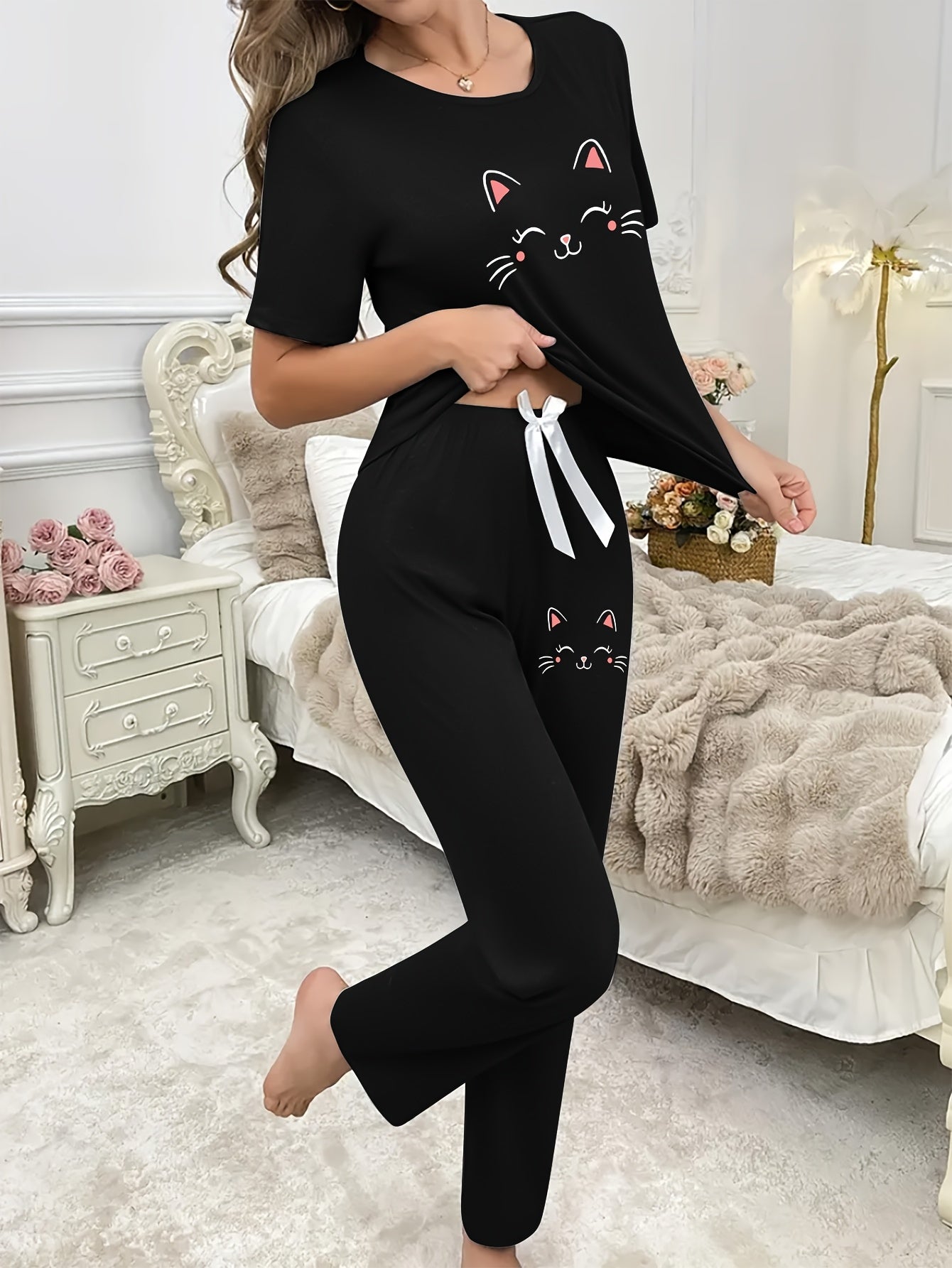 3pcs Cartoon joyful Cat Print Pajama Set for Women, Short Sleeve Top and Long Pants Shorts, Casual Comfortable Home Wear
