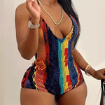 Women's Slimming V-Neck Cami Romper - Colorful Striped Print, Backless Design, Perfect for Beach & Casual Outings, Beach Attire | Slim Fit | Knit Construction