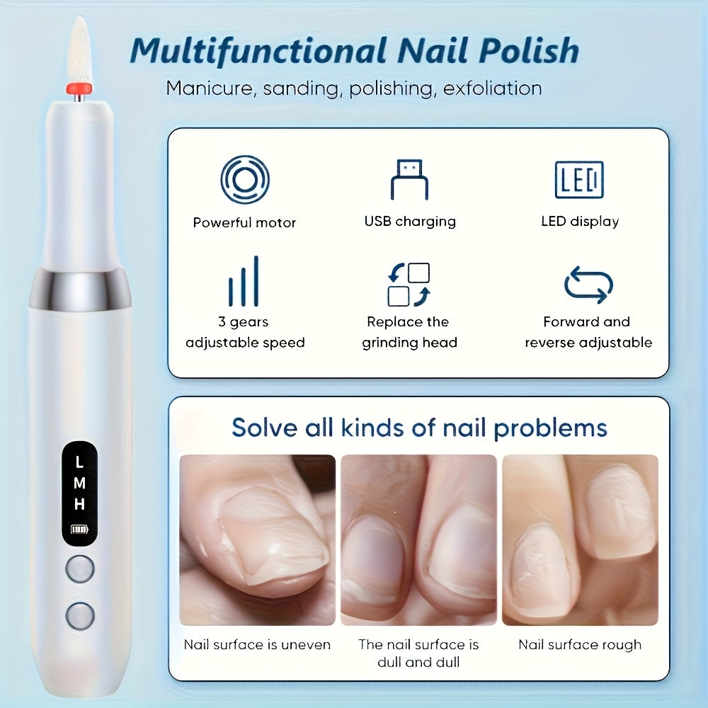 Rechargeable USB Automatic Nail Polisher, Portable Electric Nail Enhancement, with Variable Speed Electric Nail Cutter Tool, Including Nail File And Cuticle Push Rod, Suitable for Gel Nail DIY, Grinding, Polishing, Nail Enhan