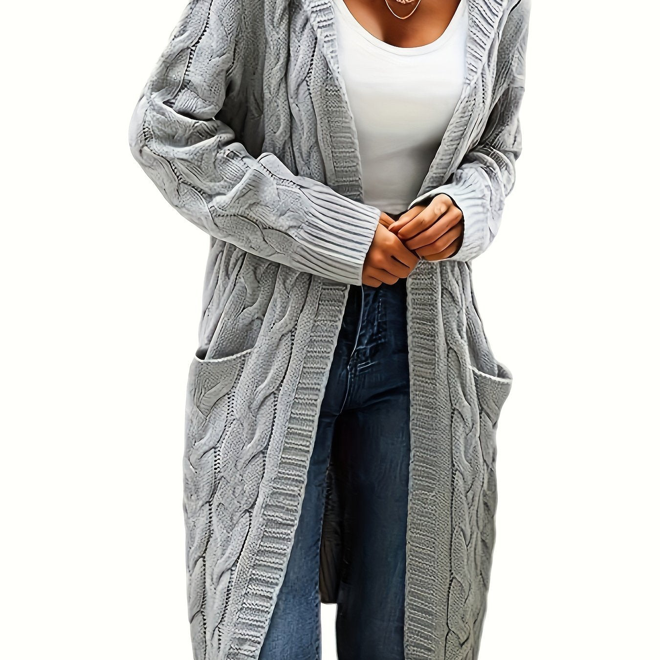 [Open Front] Women's Casual Cardigan - Black Cable Knit, Long Sleeve, Open Front with Pockets - Relaxed Fit for Fall/Winter