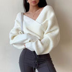 V-neck Solid-color Off-shoulder Knit Pullover For Women
