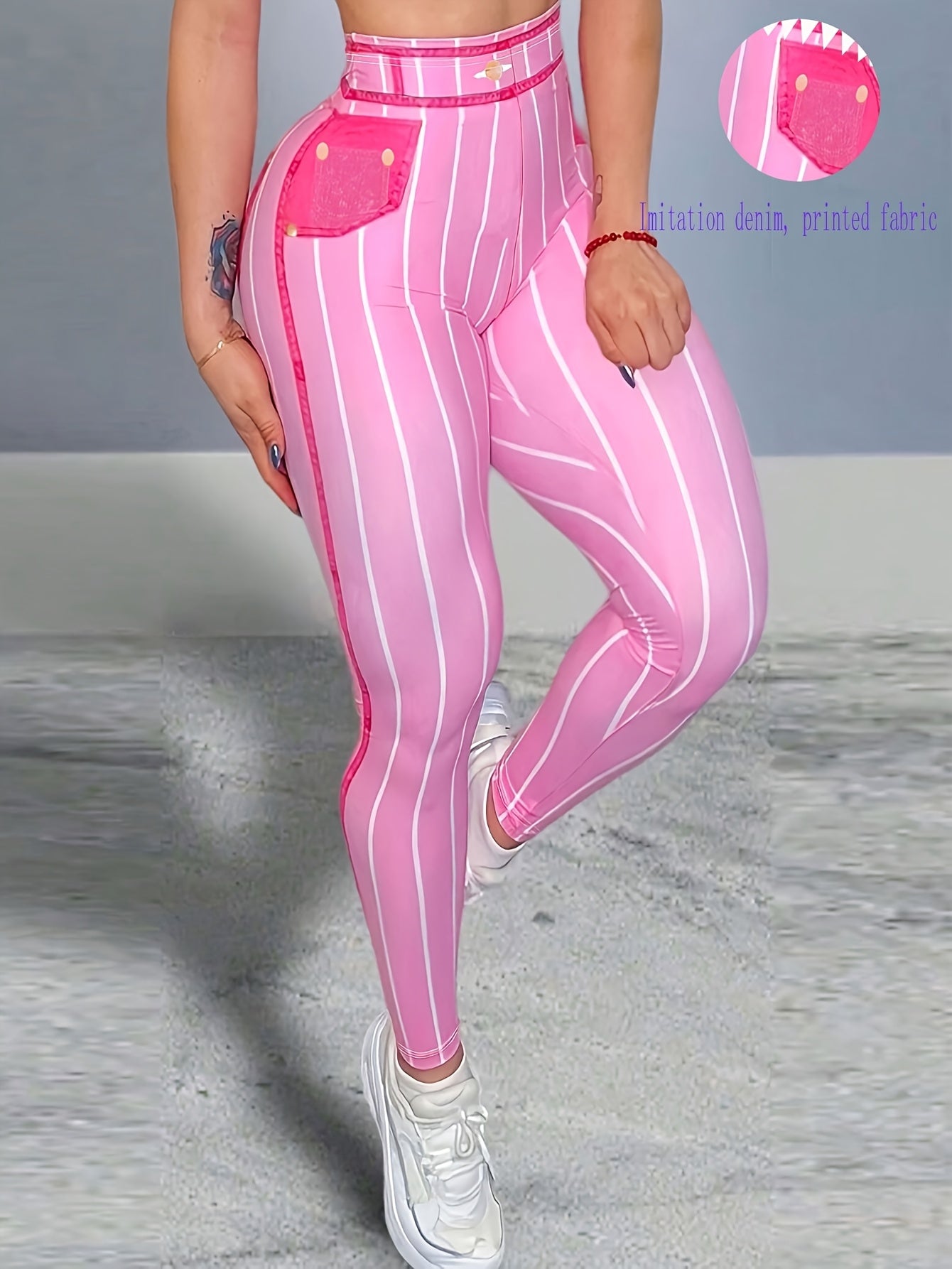 Daerling Women's Fashion Leggings - Elegant Pink & White Striped Print, High-Waisted, Stretchy Polyester Blend with Elastic Detail, Machine Washable - Slimming Effect for All Seasons, Bottoming