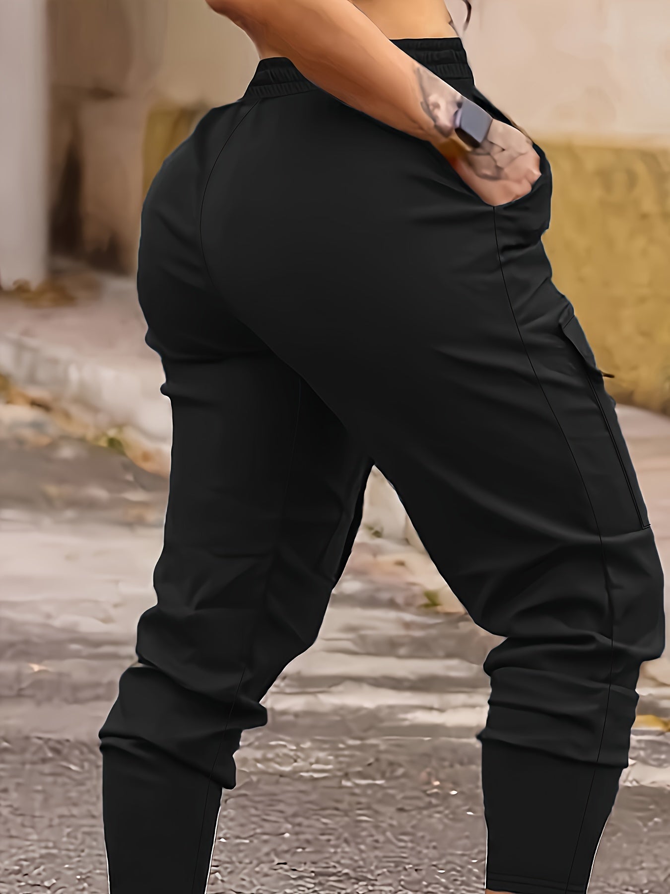 Women's Solid Color Cargo Joggers with Pockets, High Elasticity Slim Fit Outdoor Pants, Casual Drawstring Waist Trousers, Athletic Style For Fall & Winter
