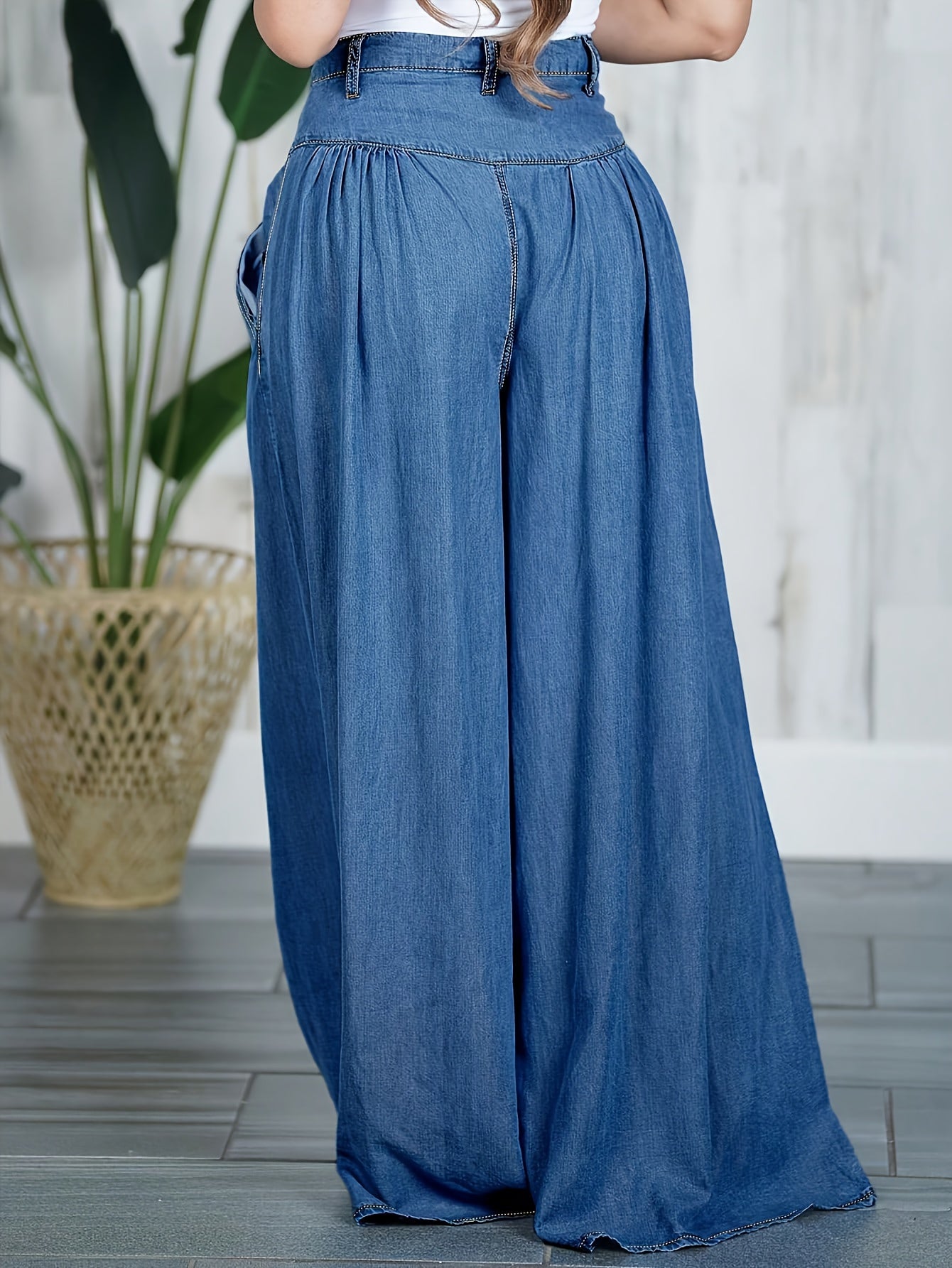 Solid Color Loose Pleated Women's Denim Bell Bottom Pants