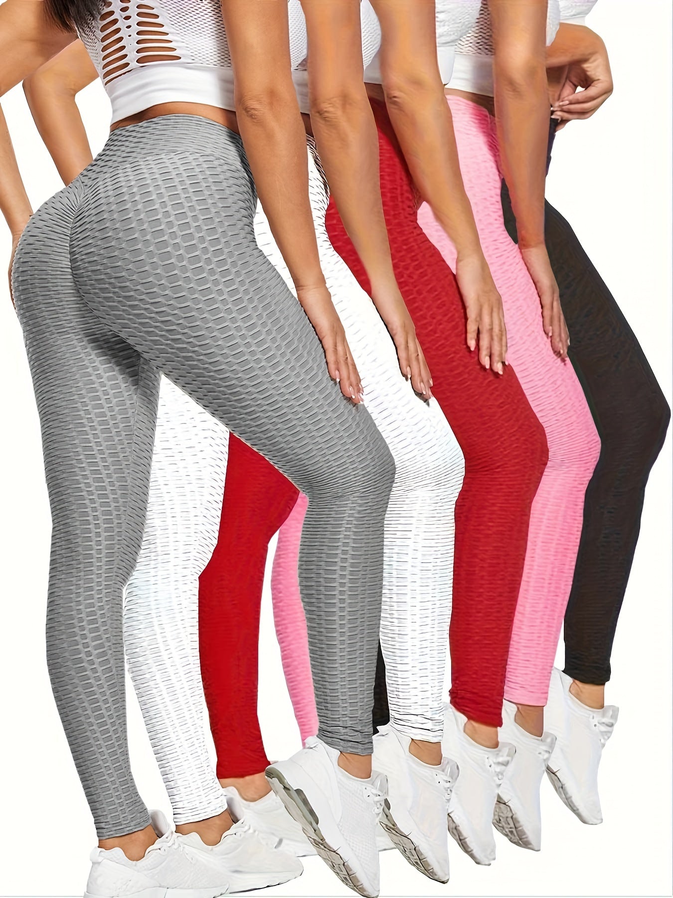 5pcs Honeycomb Sports Running Leggings, High Waist Fitness Yoga Tight Pants, Women's Activewear