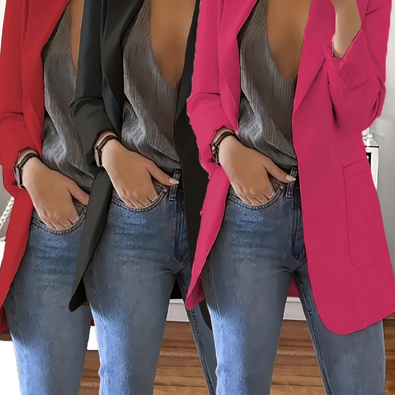 3pcs Fashion Casual Solid Color Lapel Slim Fit Open Cardigan Suit Jacket for Women Spring Summer Autumn
