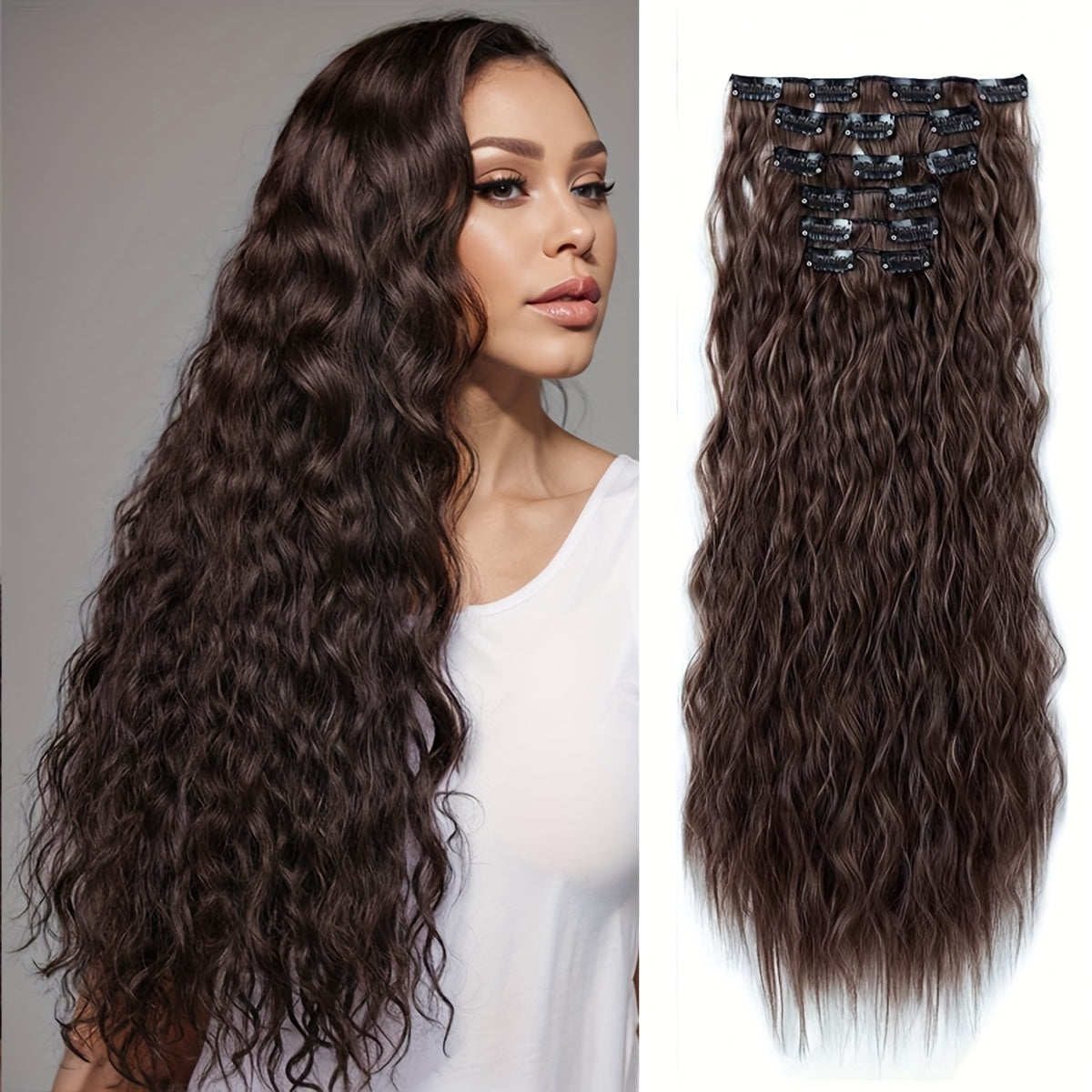 16 Thick Black Hair Clips for Synthetic Curls, Completely Soft And Invisible Fiber Hair Extensions, 24 Inches Long.