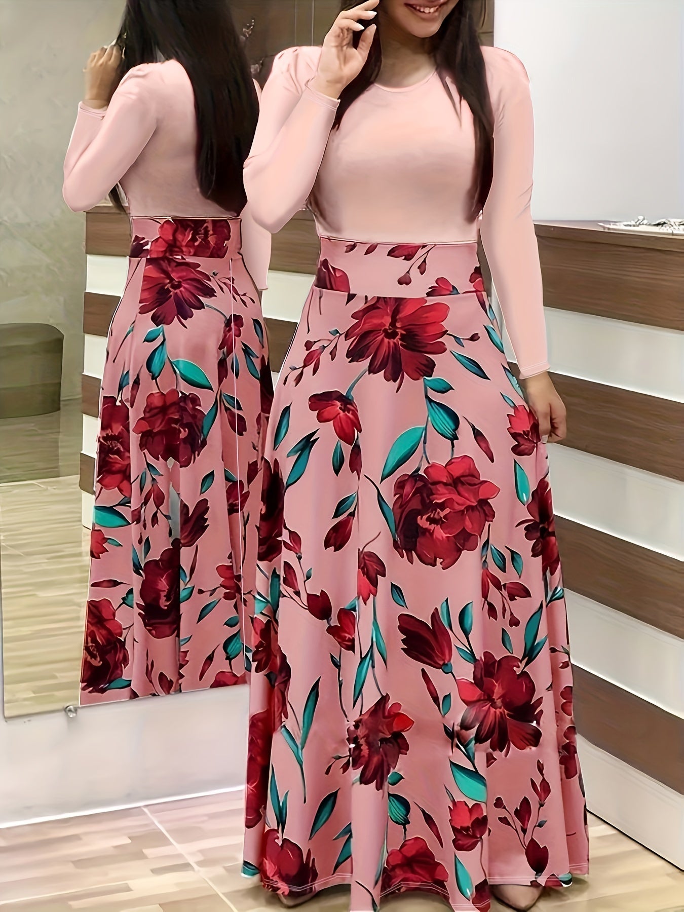 Stunning Floral Print Maxi Dress - Women's Elegant Long Sleeve Crew Neck Splicing Dress for Spring & Fall - Perfect for Various Occasions