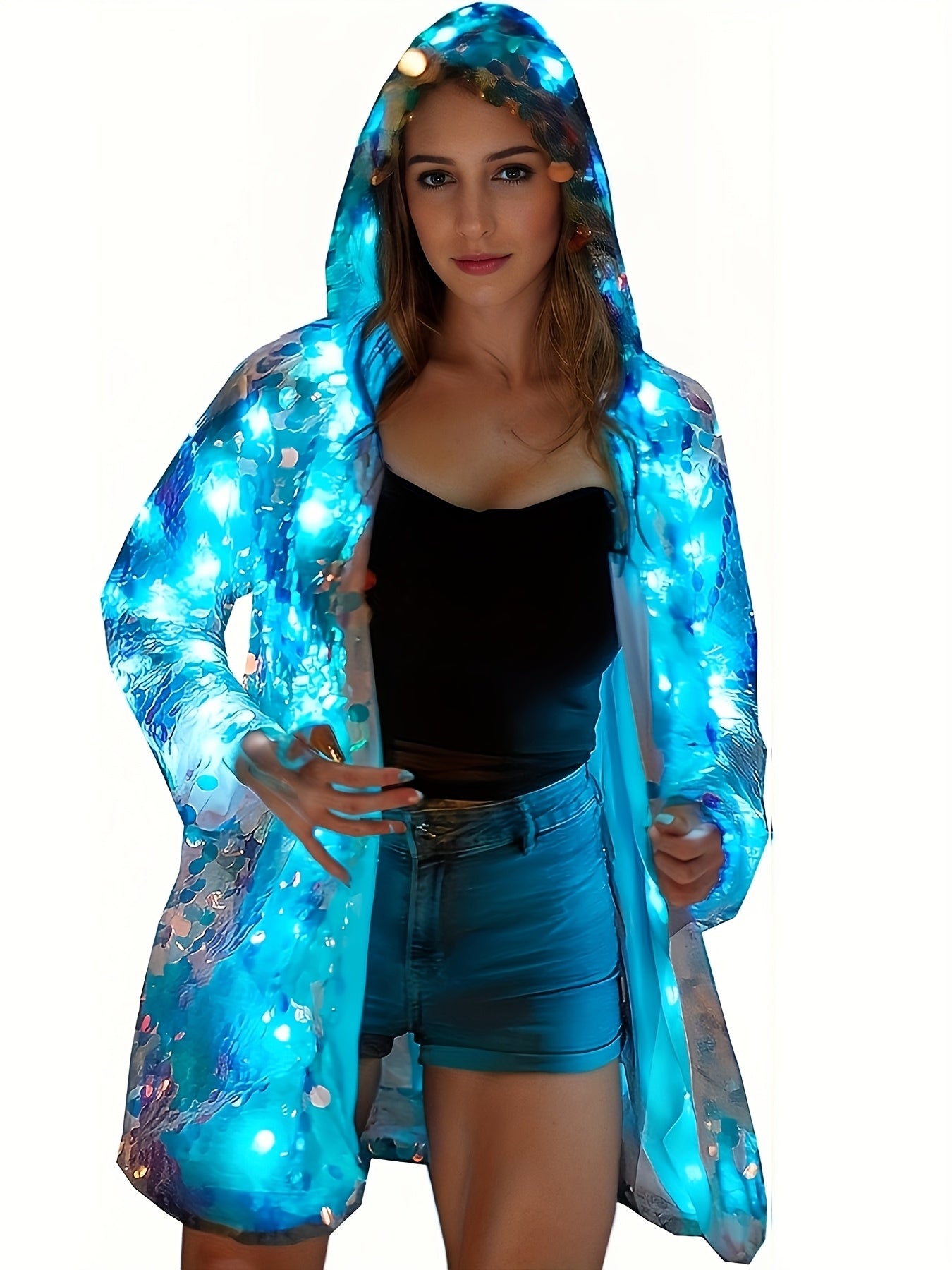 Stylish Special LED Clothing Sequin Patchwork Casual Festival Party Hooded Long Sleeve LED Jacket No Battery