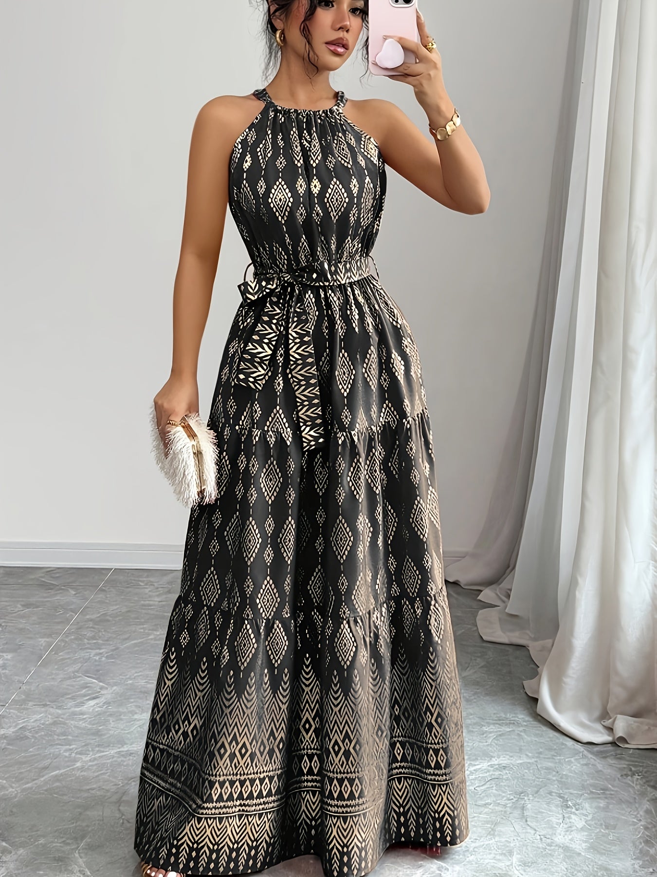 Women's Red Geometric Print Halter Neck Sleeveless A-Line Maxi Dress - Tie Waist, Vacation Style, Lightweight Polyester for Spring/Summer