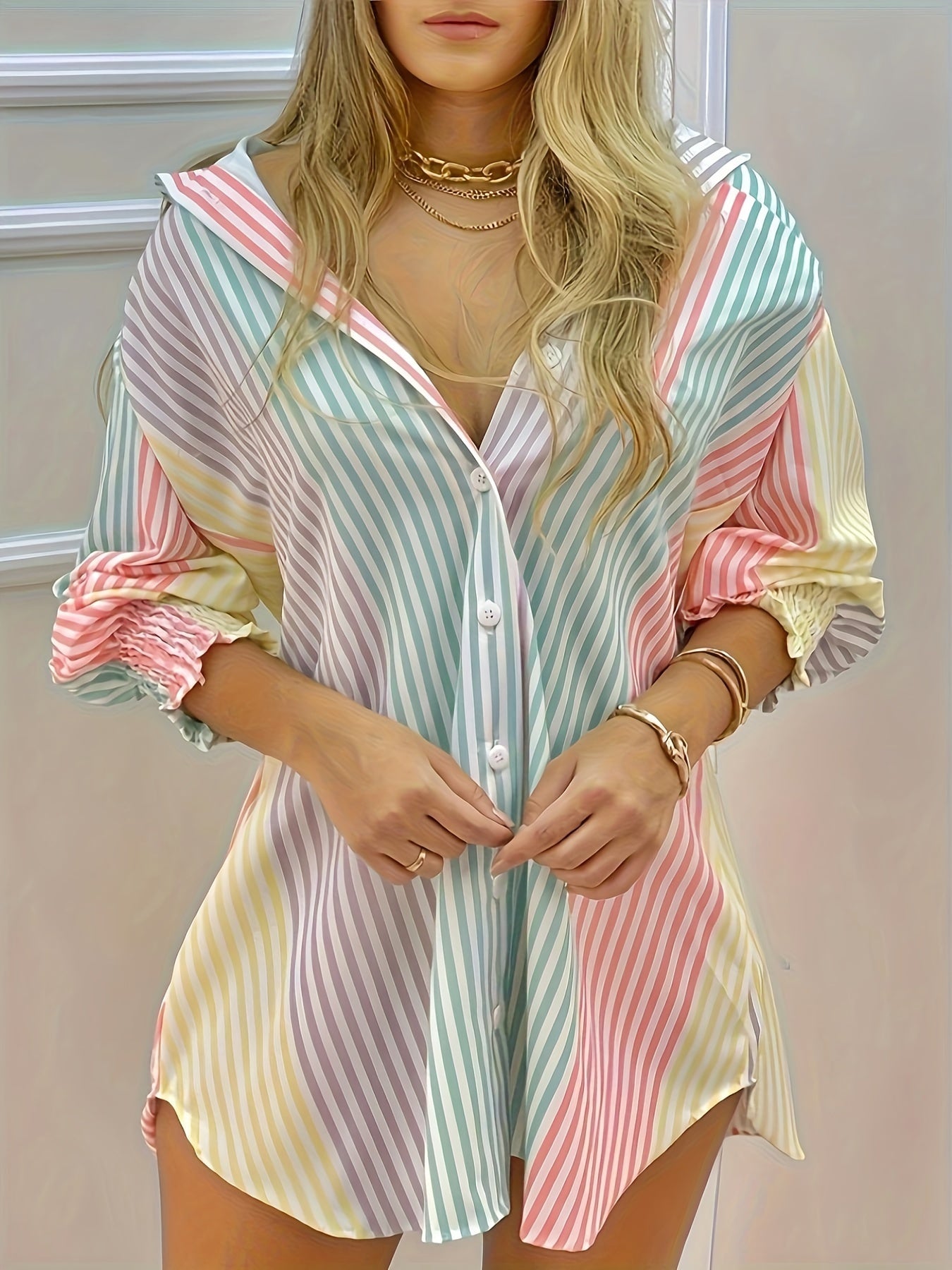 Striped Button Front Shirt, Elegant Long Sleeve Lapel Shirt - Women's Clothing -  Stylish & Comfortable - For Casual & Formal Occasions - Perfect Gift for Women
