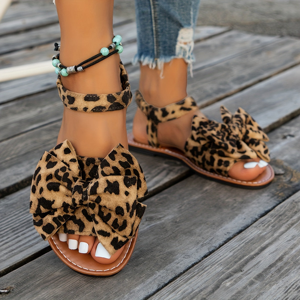 [Cute Bowknot Women's Flat Sandals] Women's Cute Bowknot Flat Sandals, Leopard Print Elegant Open Toe Sandals, Casual Outdoor Beach Sandals