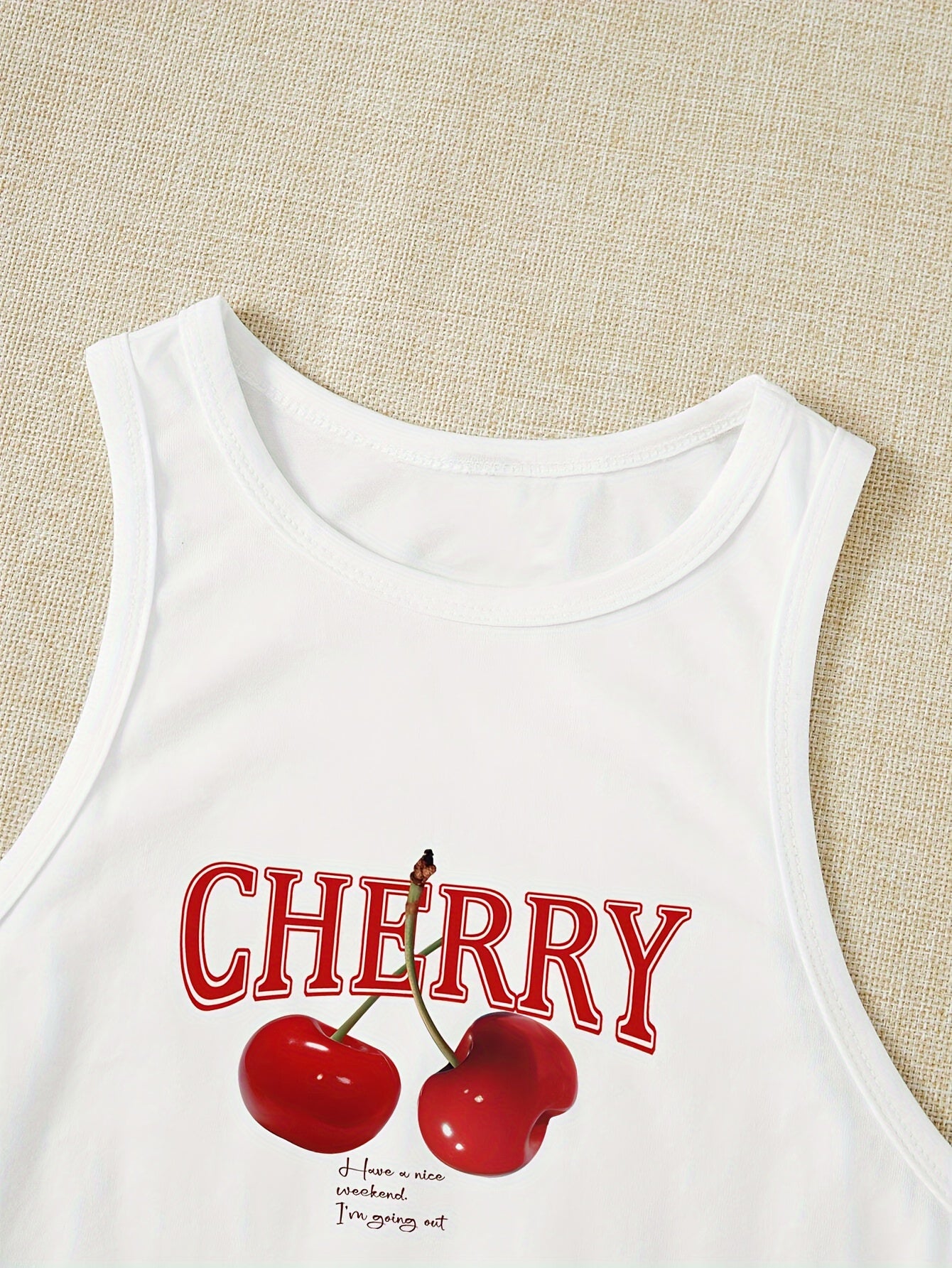 Women's Elegant Cherry Print Crop Top Tank - Stretchy Polyester Blend, Round Neck, Machine Washable, Semi-Sheer Geometric Pattern Sleeveless Vest