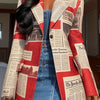 Elegant Vintage-Inspired Mid-Length Blazer with Newspaper Print, Long Sleeves, and Button Front - Chic Urban Style for Women