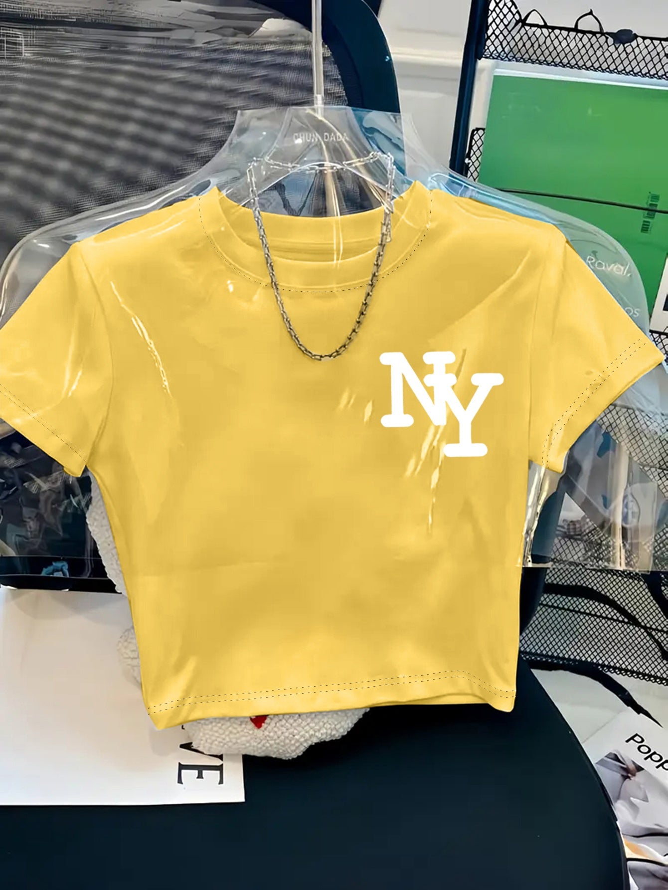 Women's Y2K Style NY Monogram Graphic T-Shirt - Soft Stretchy Polyester Blend, Oversized Cropped Fit, Machine Washable Spring/Summer Casual Top