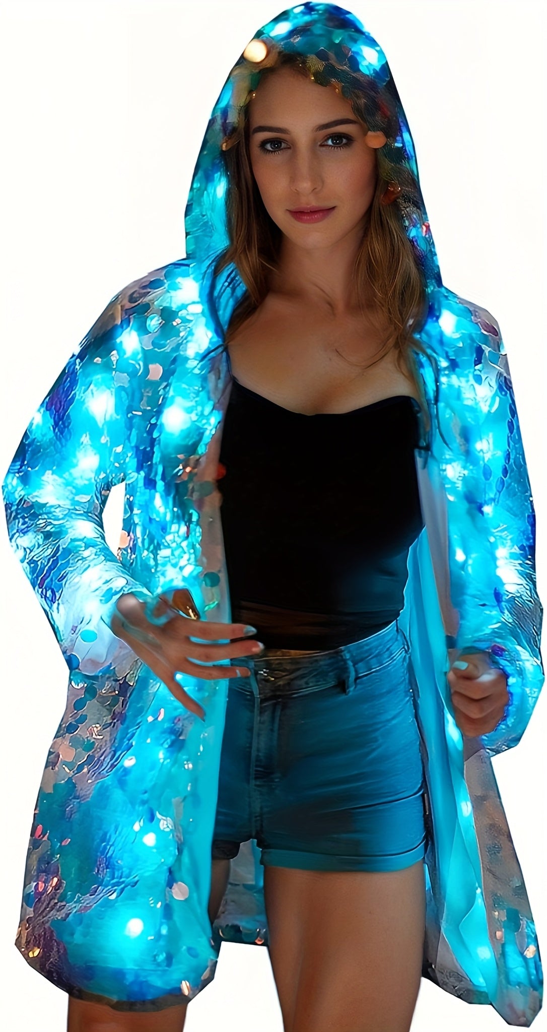 Stylish Special LED Clothing Sequin Patchwork Casual Festival Party Hooded Long Sleeve LED Jacket No Battery