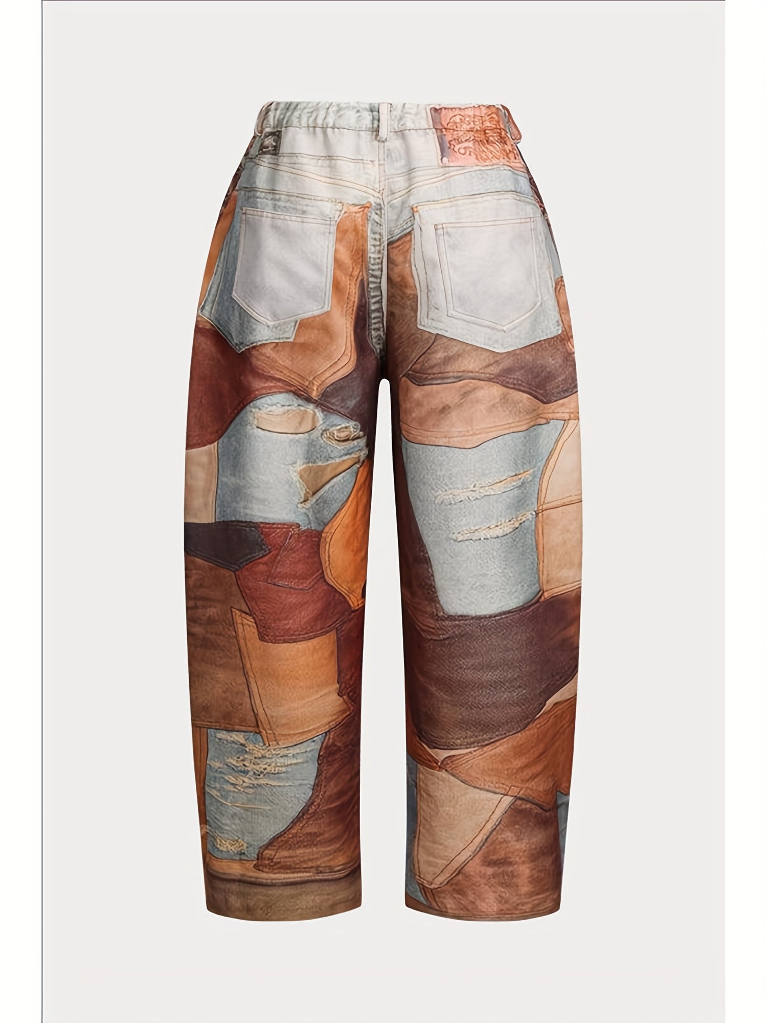 Plus-size Women'S Fashionable Spliced Wide-leg Pants, Featuring Buttons, Zippers And Color-block Design, Are Made Of Imitation Denim Fabric. With The Printing Process, An Elastic Waistband And A Loose Fit, They Exude A Strong