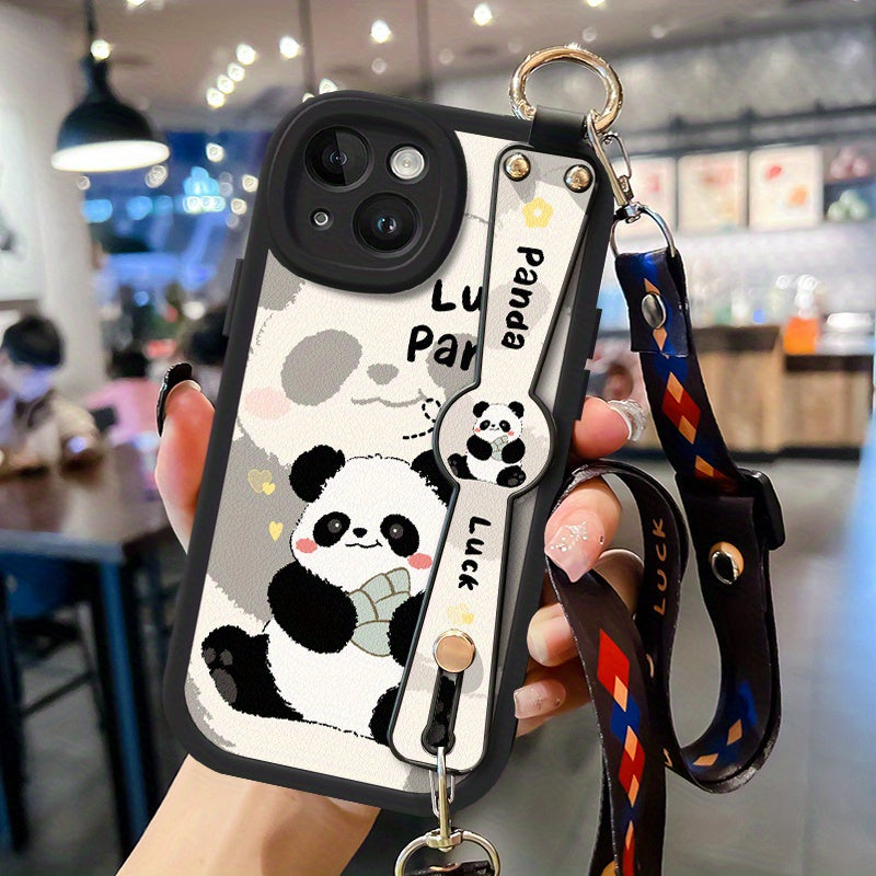 Cartoon Panda Mobile Phone Case iPhone15pro Mobile Phone Case 14 Hanging Neck Full Protection iphone13 Can Be Carried Faux Leather Anti-fall Super Soft Mobile Phone Protection Case Suitable for iPhone 13/14/14/16 Series Cute