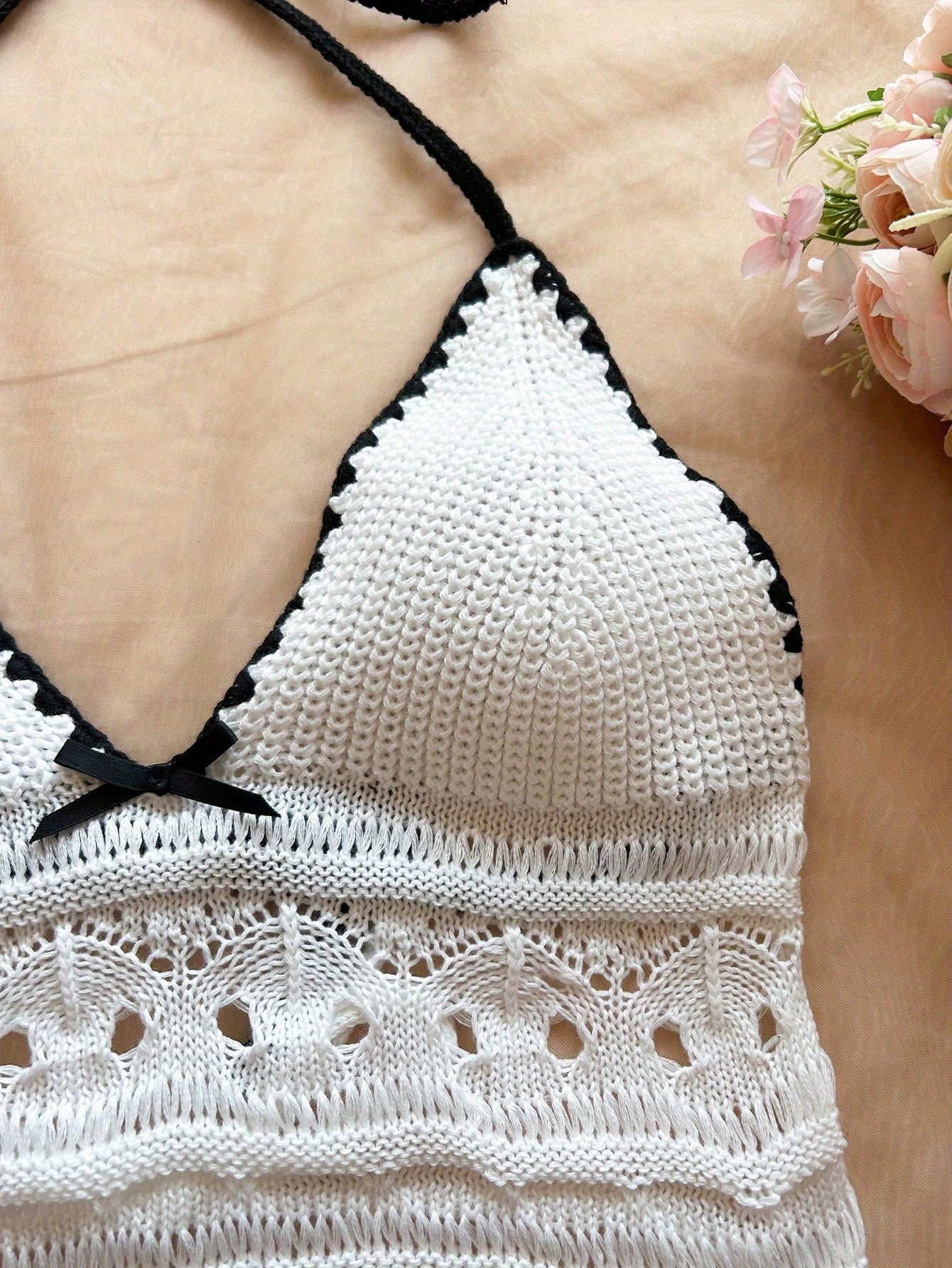 Chic Two-Piece Swimsuit Set - Black & White Crochet Design with Bow Detail, Perfect for Beach & Pool, Casual Beachwear|Playful Design|Stretchy Fabric