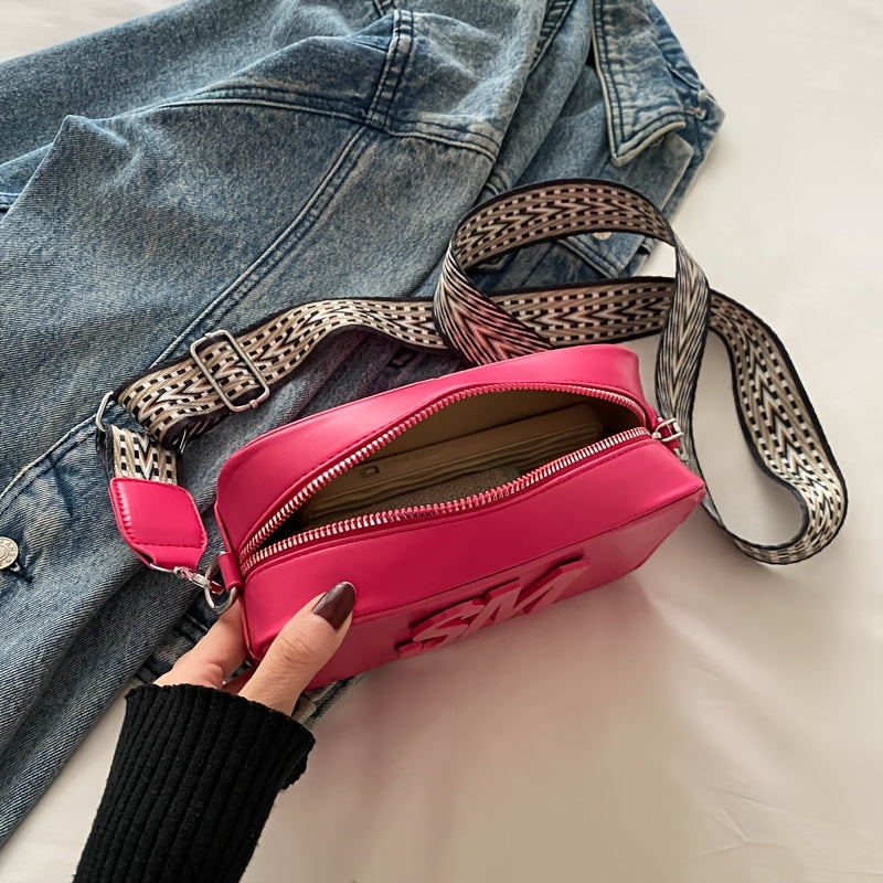 Stylish Crossbody Bag with Wide Strap – Trendy Solid Color Shoulder Bag Featuring Bold "SM" Letter Design, Zip Closure, and Polyester Lining – Available in Coffee Brown, Light Brown, Magenta, White, Red, Green, Black, Sma